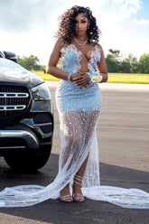 Hot Sweetheart Sky Blue Mermaid Lace Sparkle Silver Beaded Prom Dress